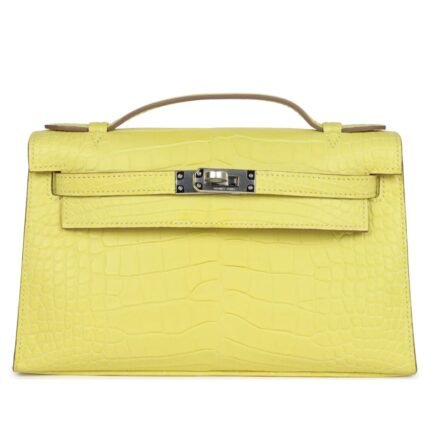 HERMÈS KELLY POCHETTE LIME MATTE ALLIGATOR PALLADIUM HARDWARE