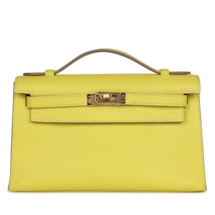 HERMÈS KELLY POCHETTE LIME SWIFT GOLD HARDWARE