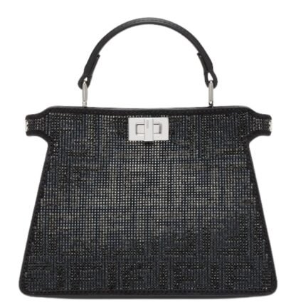 FENDI PEEKABOO ISEEU PETITE BLACK SUEDE BAG WITH FF IN CRYSTALS AND STUDS