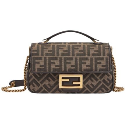 FENDI BAGUETTE CHAIN MIDI BROWN FF JACQUARD FABRIC BAG