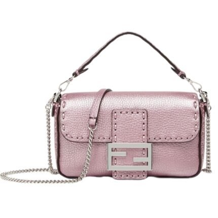 FENDI BAGUETTE MINI METALLIC PINK SELLERIA BAG WITH 309 HAND-SEWN TOPSTITCHES