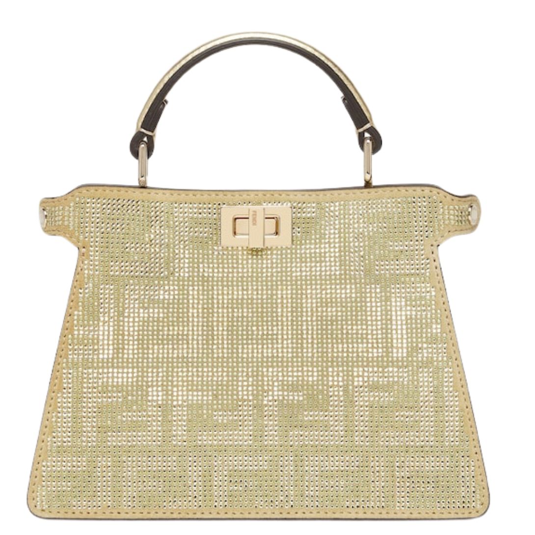 1 FENDI PEEKABOO ISEEU PETITE CHAMPAGNE-COLORED SUEDE BAG WITH FF IN CRYSTALS AND STUDS