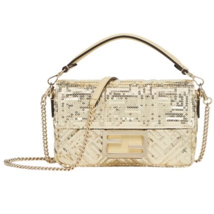 FENDI BAGUETTE MINI CHAMPAGNE-COLORED SEQUIN BAG WITH FF