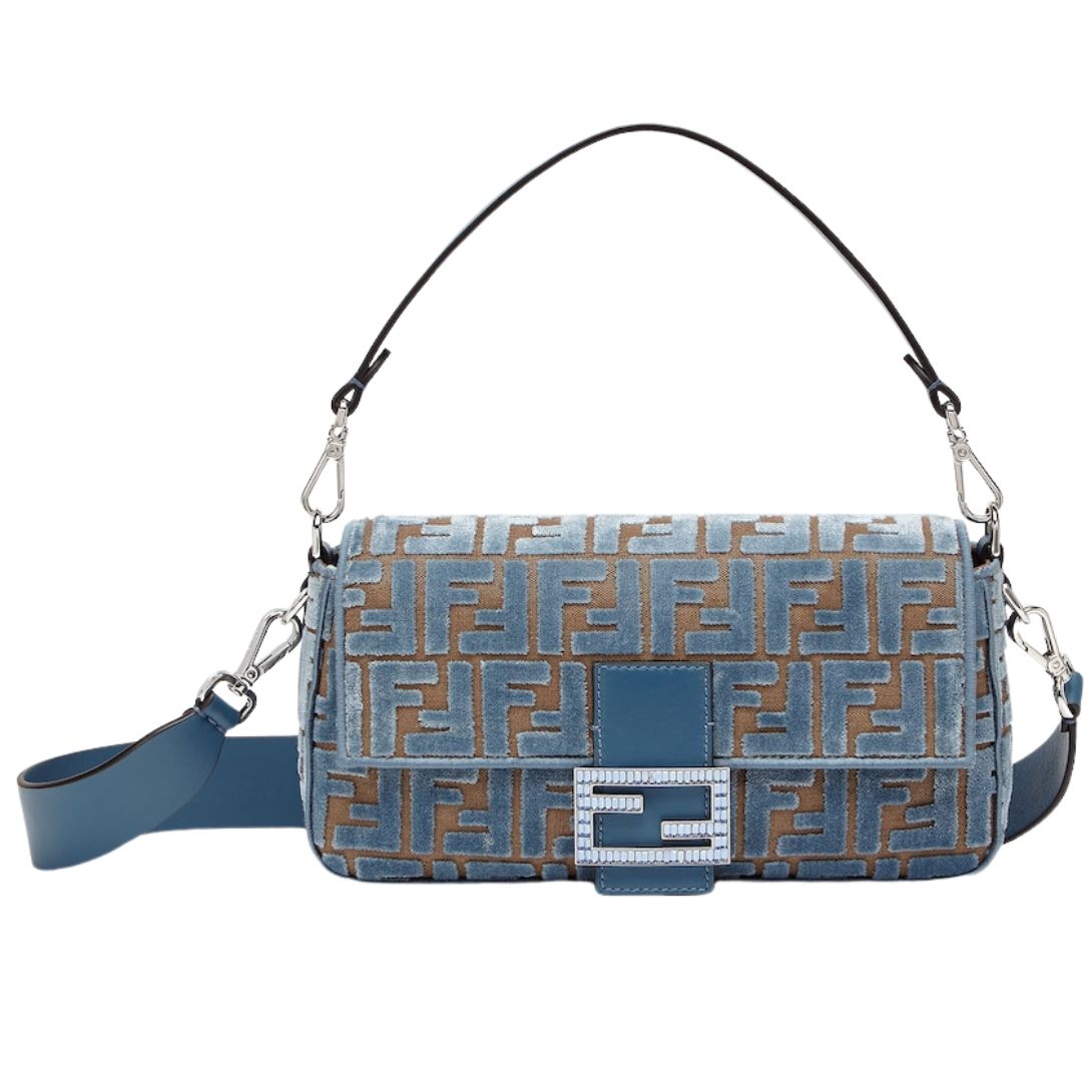 1 FENDI BAGUETTE LIGHT BLUE FF JACQUARD VELVET BAG