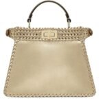 FENDI PEEKABOO ISEEU SMALL CHAMPAGNE-COLORED INTERLACED LEATHER BAG