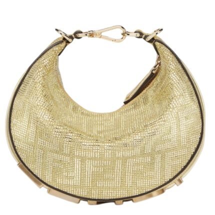 FENDI FENDIGRAPHY MINI CHAMPAGNE-COLORED SUEDE MINI-BAG WITH FF IN CRYSTALS AND STUDS