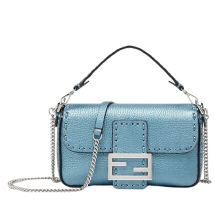 FENDI BAGUETTE MINI METALLIC BLUE SELLERIA BAG WITH 309 HAND-SEWN TOPSTITCHES