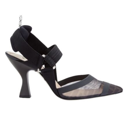 FENDI COLIBRÌ LEATHER AND MESH HIGH HEELED SLINGBACKS