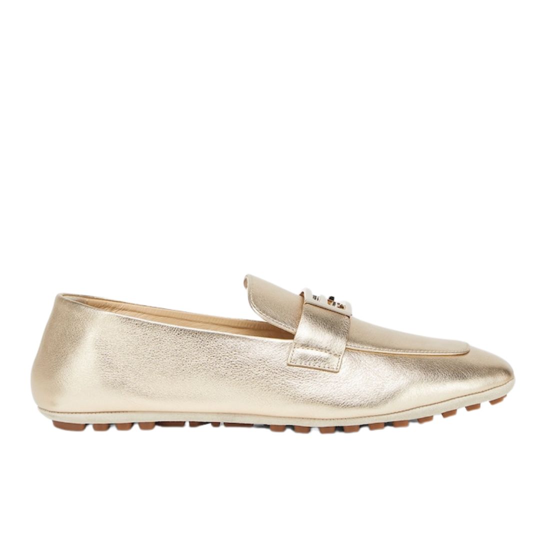 1 FENDI BAGUETTE METALLIC CHAMPAGNE-COLORED LEATHER LOAFERS