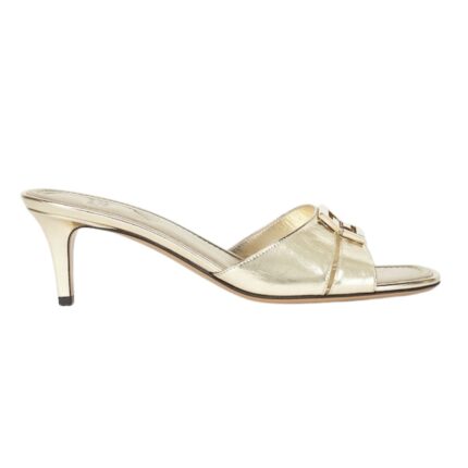 FENDI FFOLD CHAMPAGNE-COLORED METALLIC NAPPA LEATHER MEDIUM-HEELED SANDALS