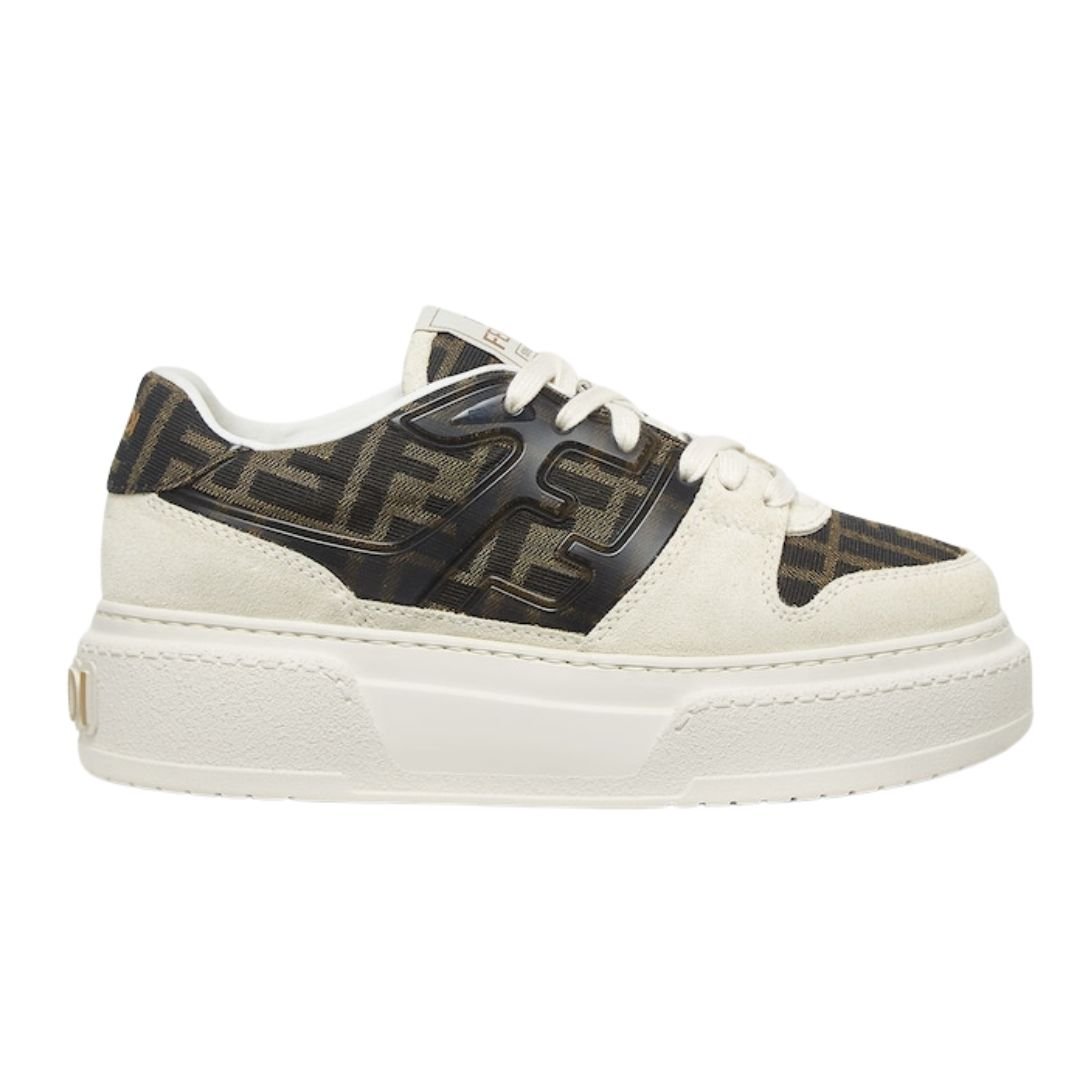 1 FENDI MATCH CANVAS AND WHITE SUEDE PLATFORM LOW-TOPS