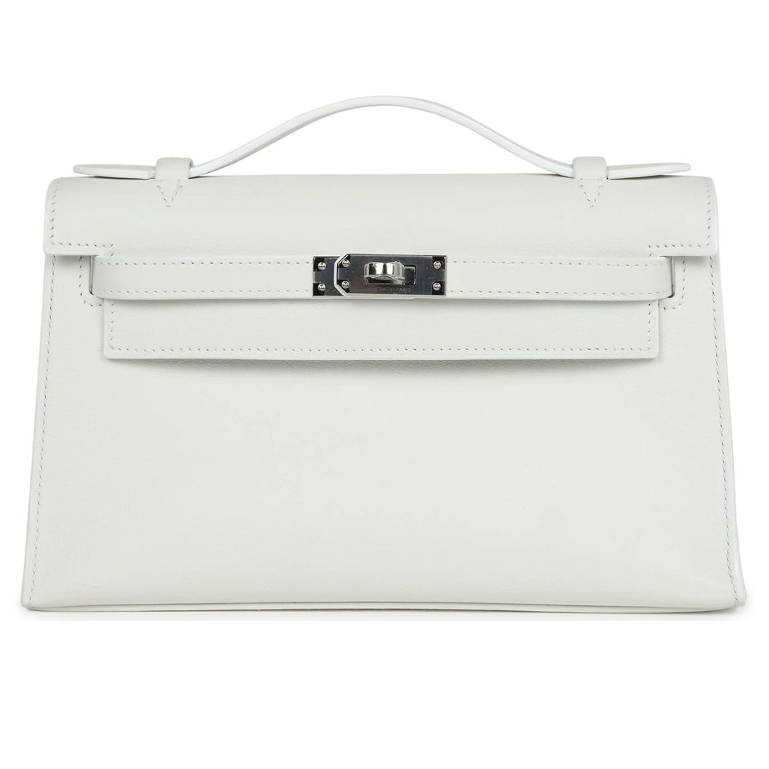 1 HERMÈS KELLY POCHETTE WHITE SWIFT PALLADIUM HARDWARE