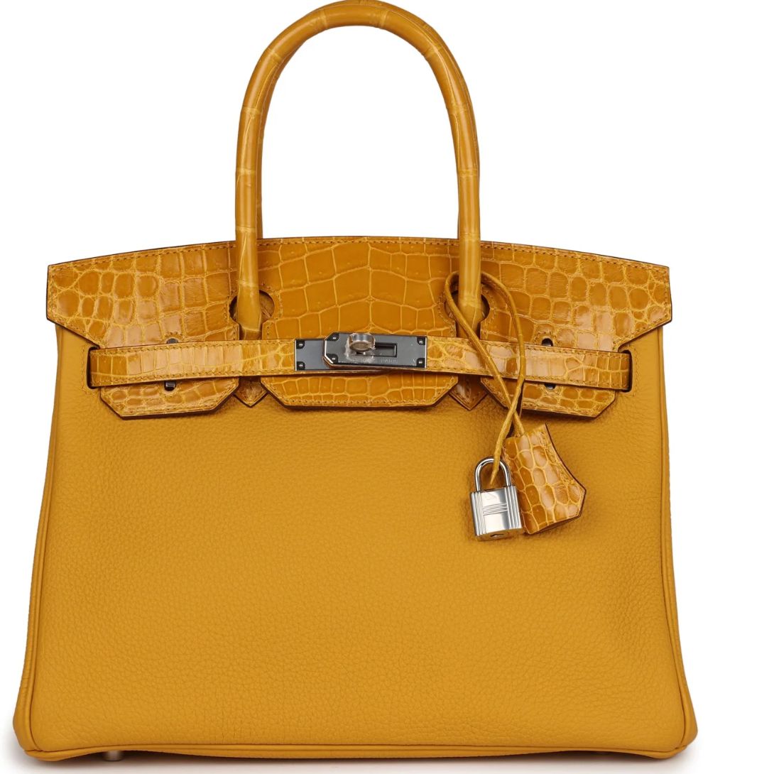 1 HERMÈS BIRKIN 30 JAUNE AMBRE SHINY NILOTICUS CROCODILE AND TOGO TOUCH PALLADIUM HARDWARE