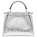 FENDI PEEKABOO MINI SILVER-COLOR OSTRICH LEATHER BAG