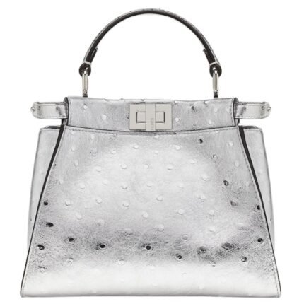 FENDI PEEKABOO MINI SILVER-COLOR OSTRICH LEATHER BAG