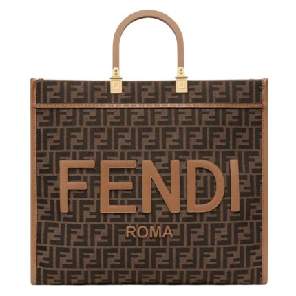FENDI SUNSHINE LARGE BROWN FF JACQUARD FABRIC SHOPPER
