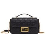 FENDI BAGUETTE CHAIN MIDI BLACK NAPPA LEATHER BAG WITH FF MOTIF