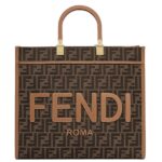 FENDI SUNSHINE MEDIUM BROWN FF JACQUARD FABRIC SHOPPER