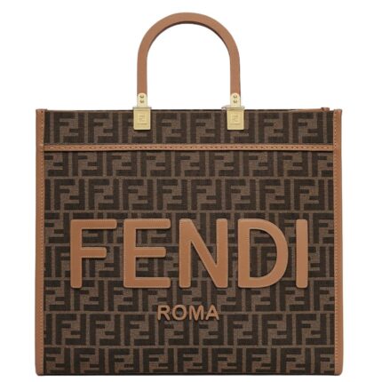 FENDI SUNSHINE MEDIUM BROWN FF JACQUARD FABRIC SHOPPER