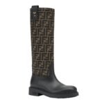 FENDI FILO BLACK LEATHER AND BROWN FF FABRIC BOOTS