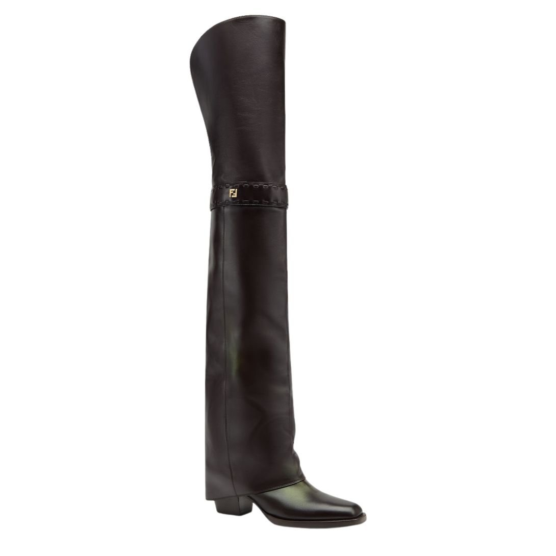 1 FENDI SHOW BURGUNDY LEATHER MEDIUM-HEELED THIGH-HIGH BOOTS