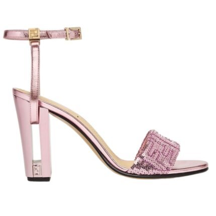 FENDI DELFINA METALLIC NAPPA LEATHER AND FF SEQUIN HIGH HEELED SANDALS