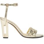FENDI DELFINA METALLIC NAPPA LEATHER AND FF SEQUIN HIGH HEELED SANDALS