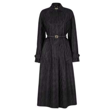 FENDI OVERCOAT BLACK FF JACQUARD FABRIC TRENCH COAT