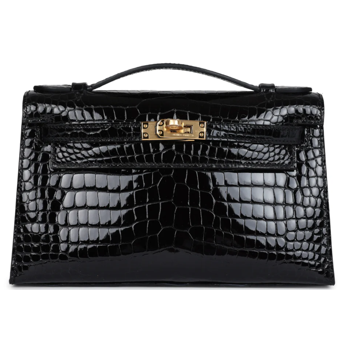 1 HERMÈS KELLY POCHETTE BLACK SHINY POROSUS CROCODILE GOLD HARDWARE