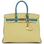 PRE-OWNED HERMÈS SPECIAL ORDER (HSS) BIRKIN 35 JAUNE POUSSIN AND BLEU PARADISE TOGO BRUSHED GOLD HARDWARE