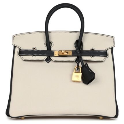 HERMÈS SPECIAL ORDER (HSS) BIRKIN 25 CRAIE AND BLACK TOGO BRUSHED GOLD HARDWARE