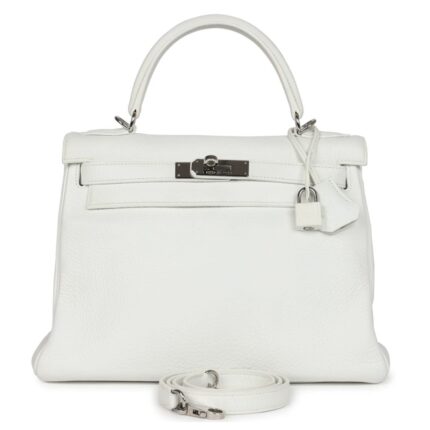 VINTAGE HERMÈS KELLY RETOURNE 28 WHITE CLEMENCE PALLADIUM HARDWARE