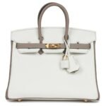 HERMÈS SPECIAL ORDER (HSS) BIRKIN 25 WHITE AND GRIS TOURTERELLE CLEMENCE GOLD HARDWARE