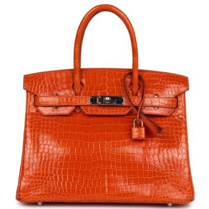PRE-OWNED HERMÈS BIRKIN 30 ORANGE SHINY POROSUS CROCODILE PALLADIUM HARDWARE