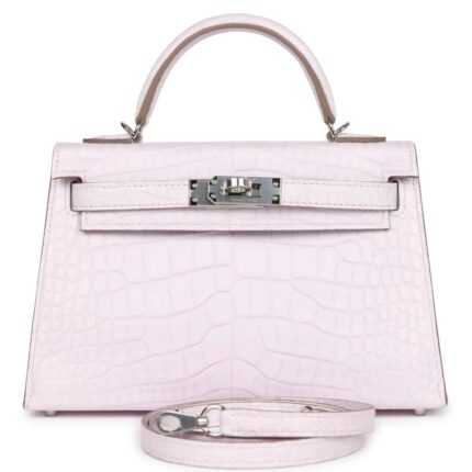 HERMÈS KELLY SELLIER 20 MAUVE PALE BOREAL SATIN ALLIGATOR PALLADIUM HARDWARE