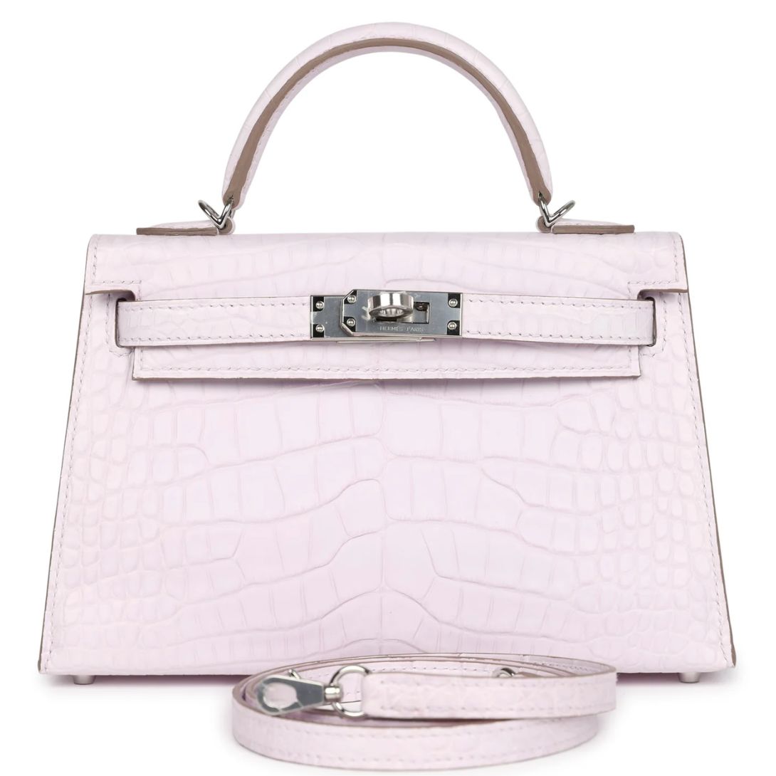 1 HERMÈS KELLY SELLIER 20 MAUVE PALE BOREAL SATIN ALLIGATOR PALLADIUM HARDWARE