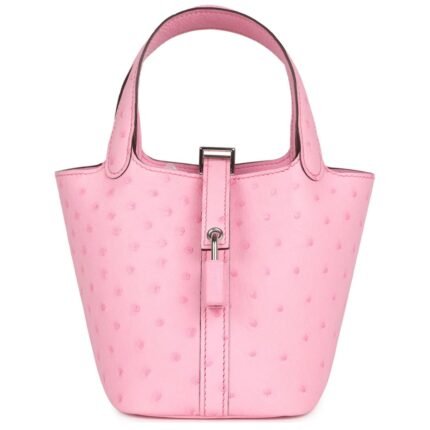 HERMÈS MICRO PICOTIN LOCK 14 BUBBLEGUM OSTRICH PALLADIUM HARDWARE