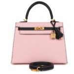 HERMÈS SPECIAL ORDER (HSS) KELLY SELLIER 25 ROSE SAKURA AND BLACK CHEVRE MYSORE BRUSHED GOLD HARDWARE