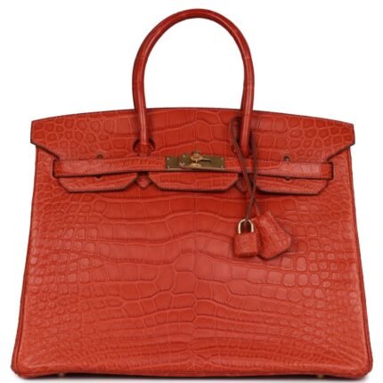 PRE-OWNED HERMÈS BIRKIN 35 SANGUINE MATTE ALLIGATOR GOLD HARDWARE