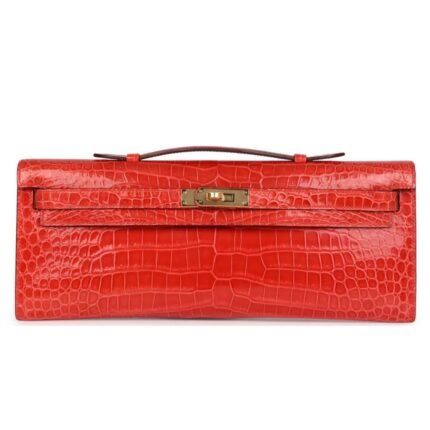 HERMÈS KELLY CUT ORANGE POPPY SHINY POROSUS CROCODILE GOLD HARDWARE