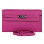 HERMÈS KELLY WALLET TO GO ROSE POURPRE CHEVRE MYSORE PALLADIUM HARDWAER