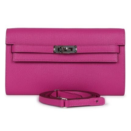 HERMÈS KELLY WALLET TO GO ROSE POURPRE CHEVRE MYSORE PALLADIUM HARDWAER