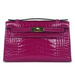 HERMÈS KELLY POCHETTE ROSE SCHEHERAZADE SHINY ALLIGATOR GOLD HARDWARE