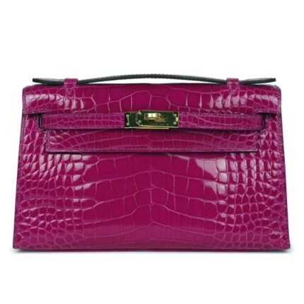 HERMÈS KELLY POCHETTE ROSE SCHEHERAZADE SHINY ALLIGATOR GOLD HARDWARE