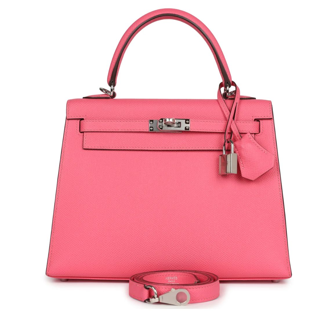 1 HERMÈS KELLY SELLIER 25 ROSE AZALEE EPSOM PALLADIUM HARDWARE
