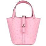 HERMÈS MICRO PICOTIN LOCK 14 BUBBLEGUM OSTRICH PALLADIUM HARDWARE