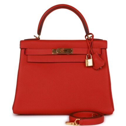 PRE-OWNED HERMÈS KELLY RETOURNE 28 ROUGE CASAQUE TOGO GOLD HARDWARE