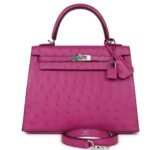 HERMÈS KELLY SELLIER 25 ROSE POURPRE OSTRICH PALLADIUM HARDWARE