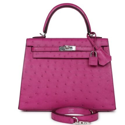 HERMÈS KELLY SELLIER 25 ROSE POURPRE OSTRICH PALLADIUM HARDWARE