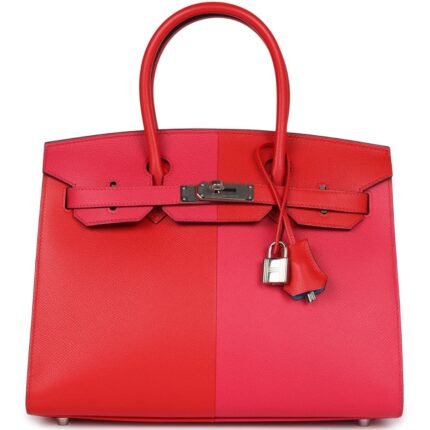 PRE OWNED HERMÈS CASAQUE BIRKIN 30 ROUGE DE COEUR ROSE EXTREME AND BLEU ZANZIBAR EPSOM PALLADIUM HARDWARE